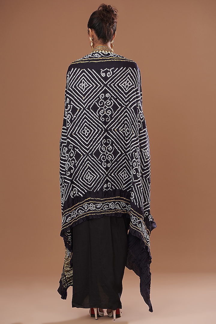 Black Handloom Mashru Silk & Dupion Silk Bandhani Printed Jacket Party Wear Dress by Tisha Saksena at Pernia's Pop Up Shop