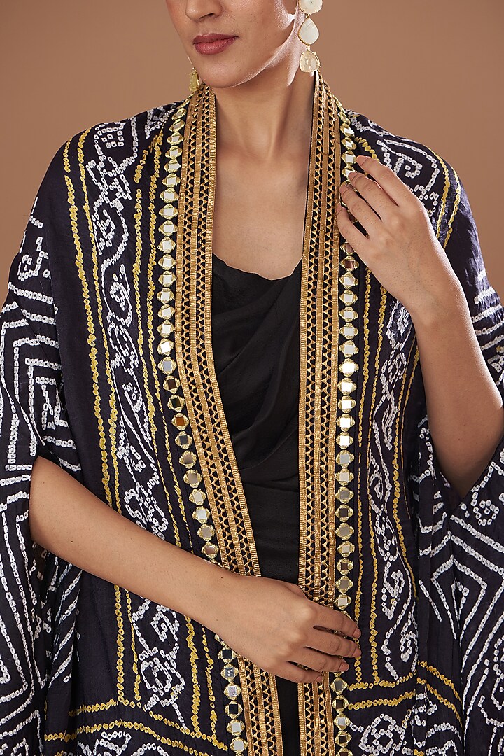 Black Handloom Mashru Silk & Dupion Silk Bandhani Printed Jacket Party Wear Dress by Tisha Saksena at Pernia's Pop Up Shop