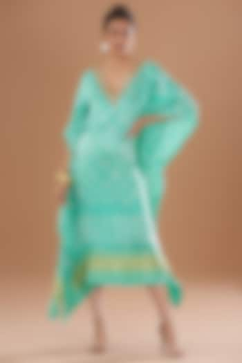 Mint Green Handloom Mashru Silk Embroidered & Bandhani Printed Kaftan by Tisha Saksena at Pernia's Pop Up Shop