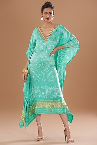Mint Green Handloom Mashru Silk Embroidered & Bandhani Printed Kaftan by Tisha Saksena