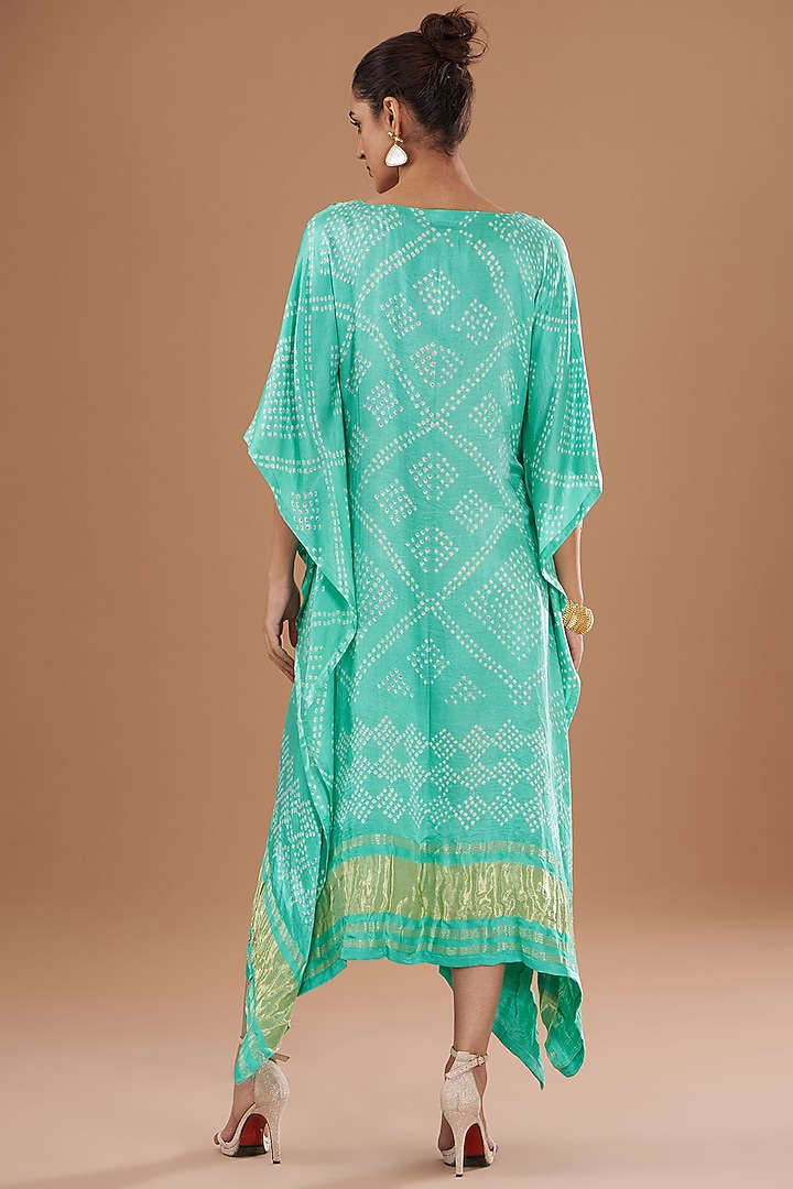 Mint Green Handloom Mashru Silk Embroidered & Bandhani Printed Kaftan by Tisha Saksena at Pernia's Pop Up Shop
