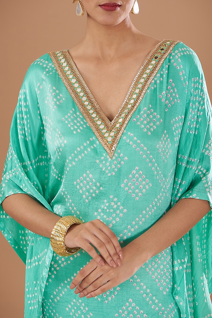 Mint Green Handloom Mashru Silk Embroidered & Bandhani Printed Kaftan by Tisha Saksena at Pernia's Pop Up Shop