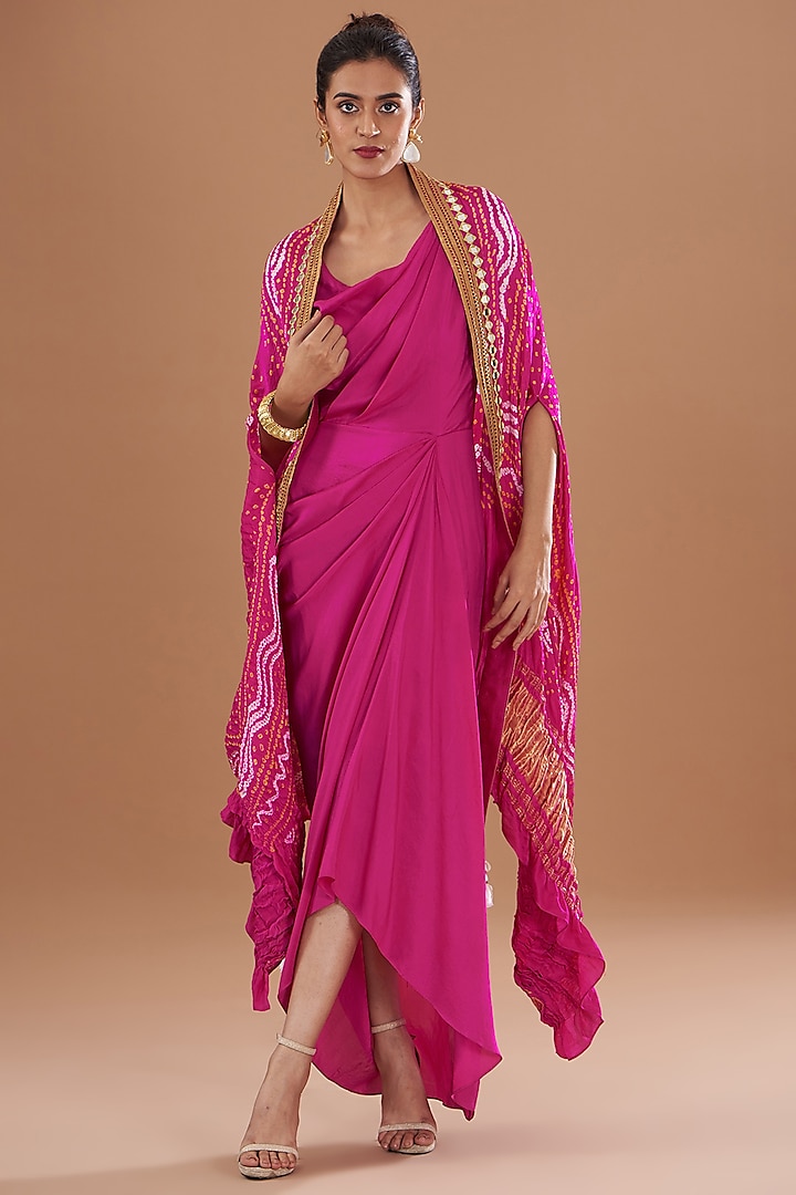 Hot Pink Handloom Mashru Silk & Dupion Silk Bandhani Printed Jacket Dress by Tisha Saksena