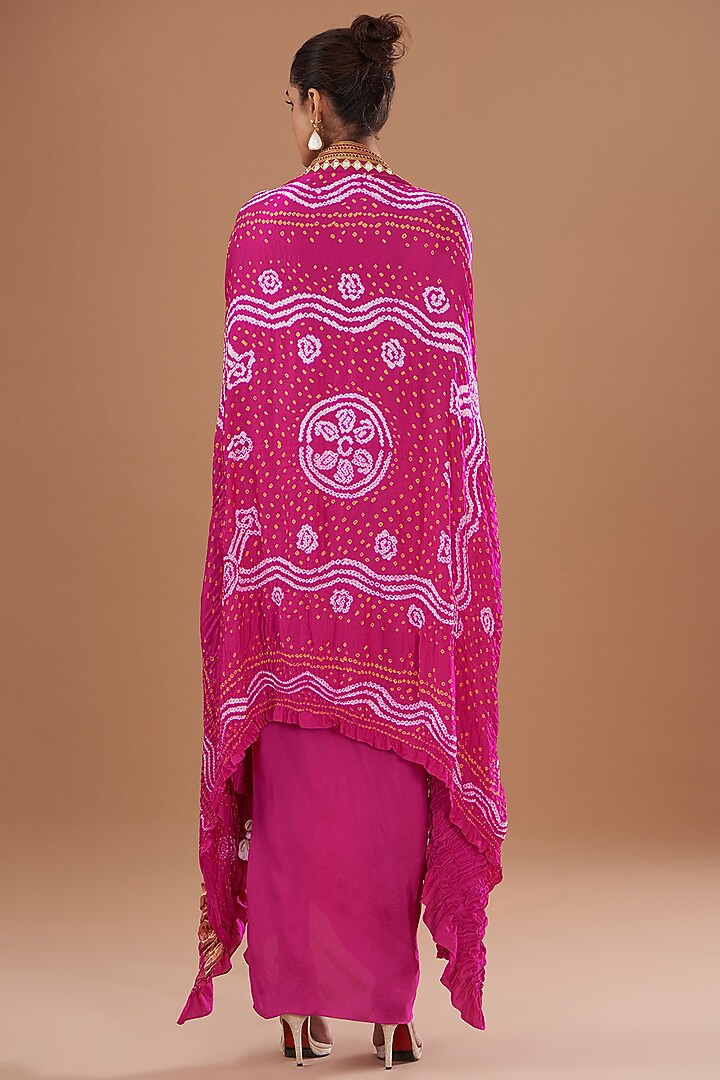 Hot Pink Handloom Mashru Silk & Dupion Silk Bandhani Printed Jacket Party Wear Dress by Tisha Saksena at Pernia's Pop Up Shop