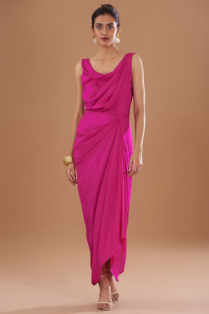 Hot Pink Handloom Mashru Silk & Dupion Silk Bandhani Printed Jacket Party Wear Dress by Tisha Saksena at Pernia's Pop Up Shop