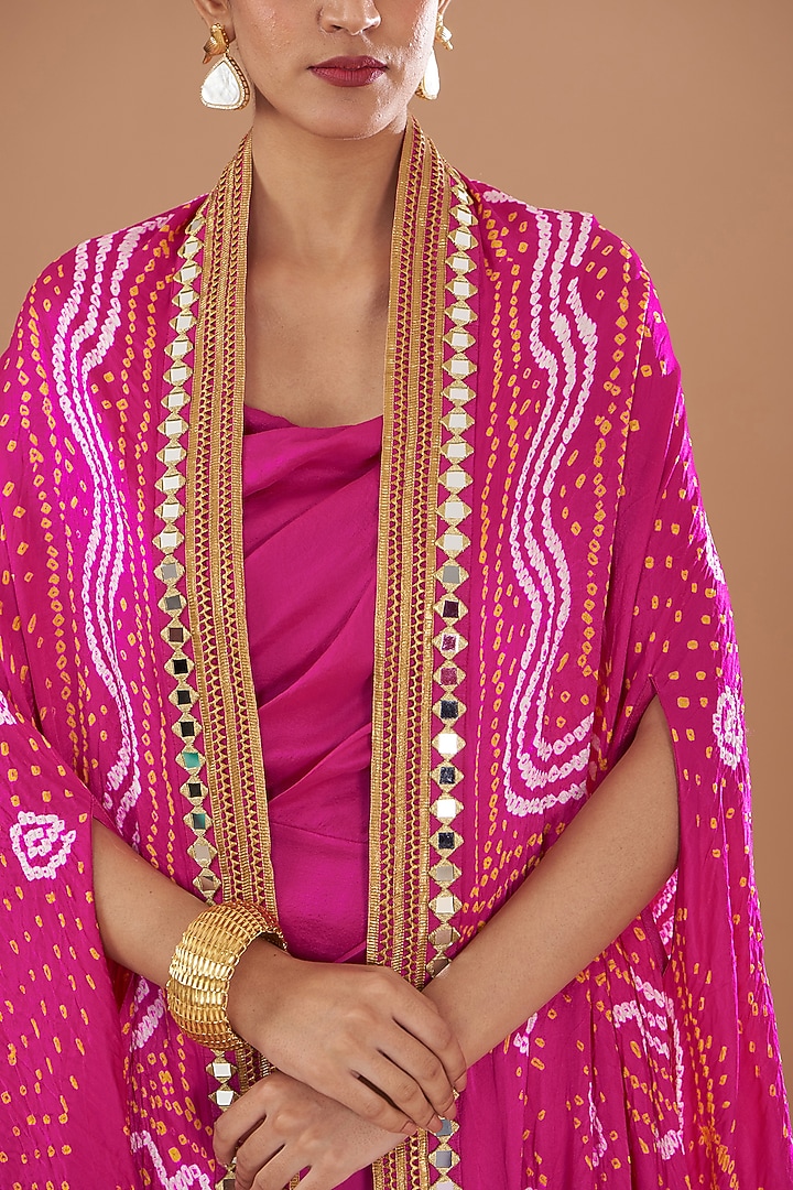 Hot Pink Handloom Mashru Silk & Dupion Silk Bandhani Printed Jacket Party Wear Dress by Tisha Saksena at Pernia's Pop Up Shop