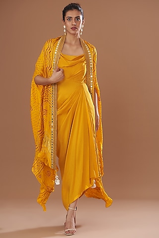 Yellow Handloom Mashru Silk & Dupion Silk Bandhani Printed Jacket Dress by Tisha Saksena