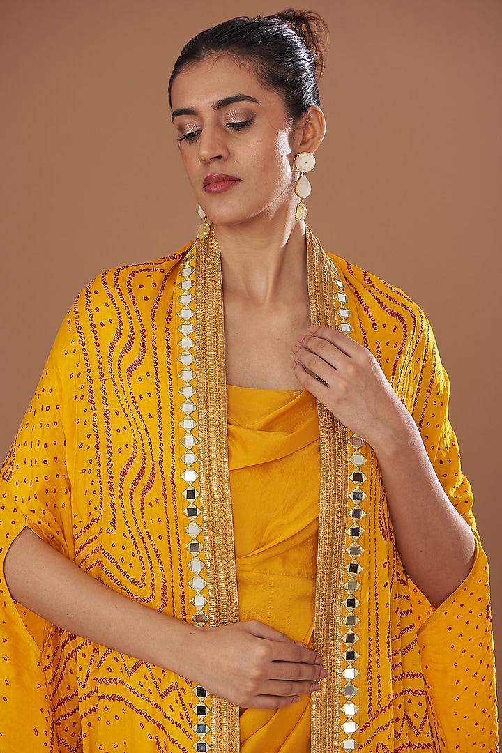 Yellow Handloom Mashru Silk & Dupion Silk Bandhani Printed Jacket Party Wear Dress by Tisha Saksena at Pernia's Pop Up Shop