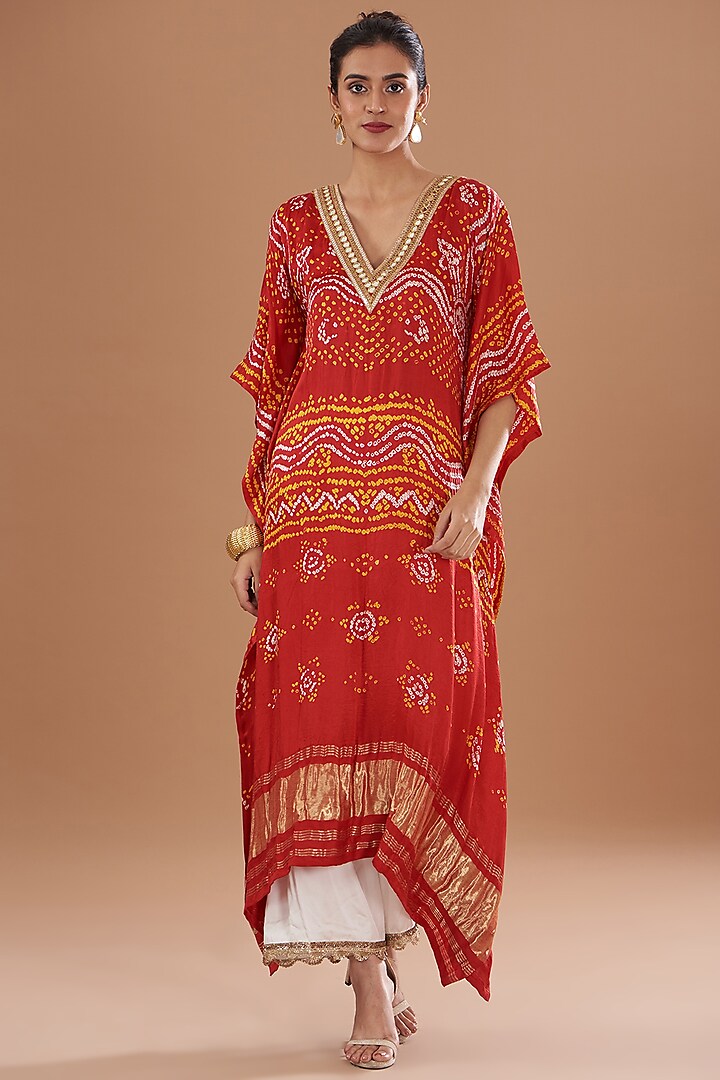 Red Handloom Mashru Silk Embroidered & Bandhani Printed Kaftan Set by Tisha Saksena at Pernia's Pop Up Shop