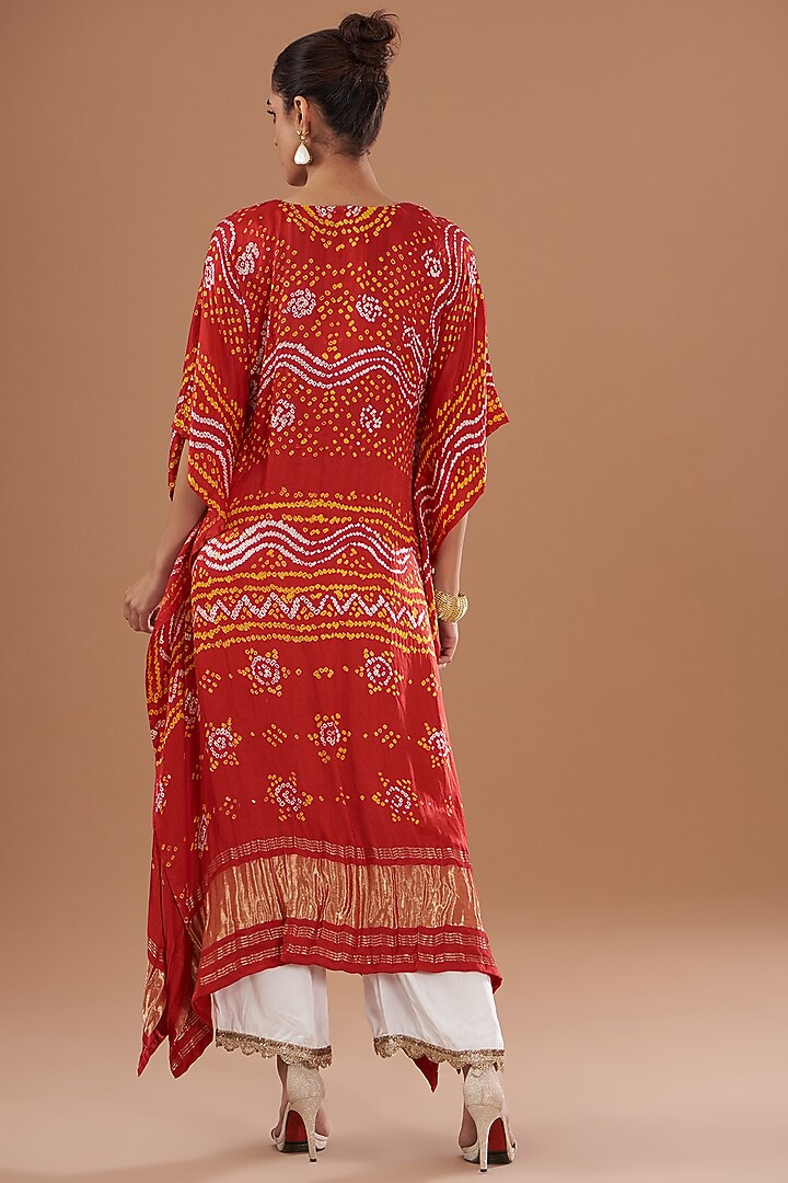 Red Handloom Mashru Silk Embroidered & Bandhani Printed Kaftan Set by Tisha Saksena at Pernia's Pop Up Shop
