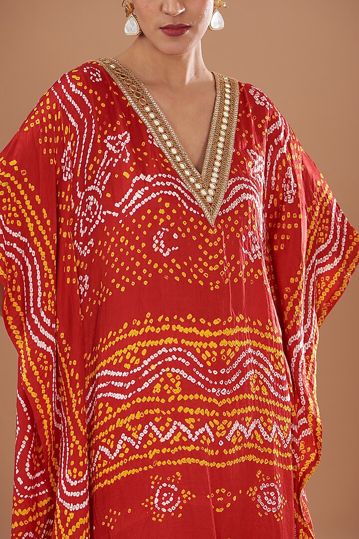 Red Handloom Mashru Silk Embroidered & Bandhani Printed Kaftan Set by Tisha Saksena at Pernia's Pop Up Shop