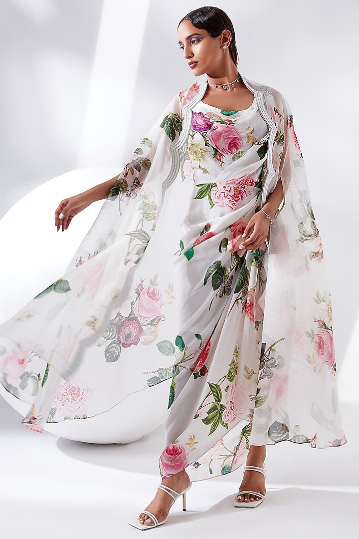 Ivory Printed Dress With Cape by Tisha Saksena