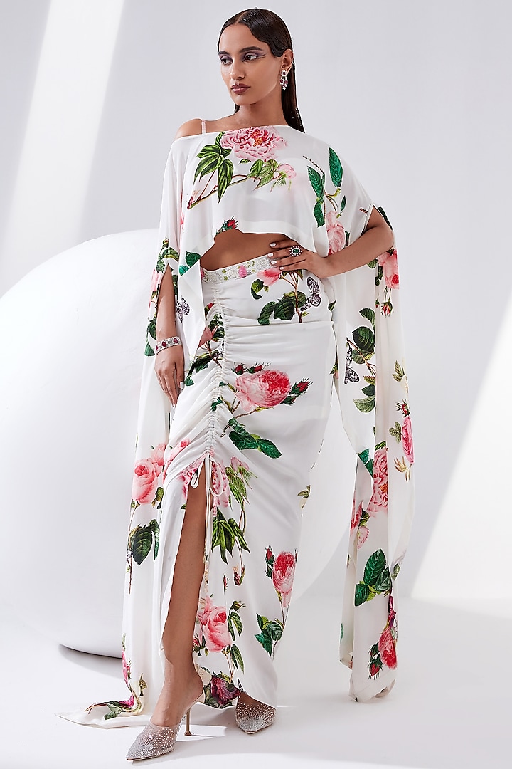 Ivory Floral Printed Skirt Set by Tisha Saksena