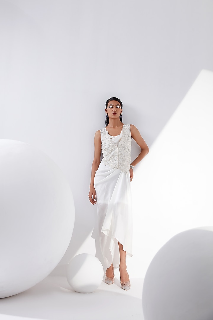 Ivory Silk Dupion Dress With Gilet by Tisha Saksena