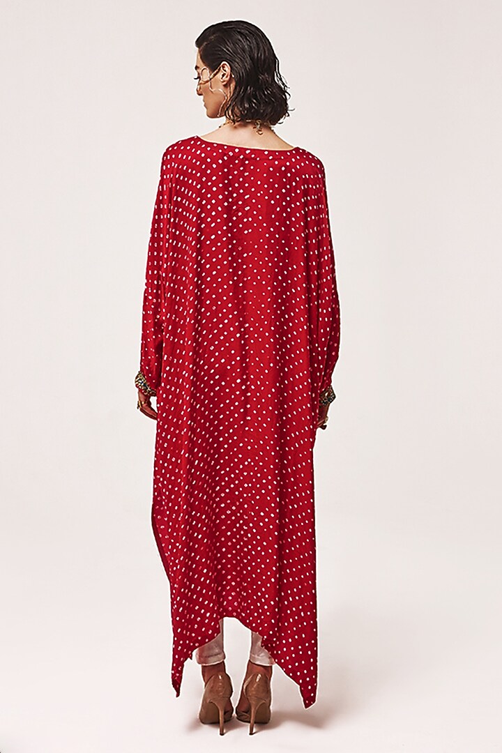Red Handloom Mashru Silk Zardosi Embroidered Bandhani Kaftan Set by Tisha Saksena at Pernia's Pop Up Shop