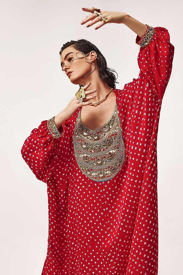 Red Handloom Mashru Silk Zardosi Embroidered Bandhani Kaftan Set by Tisha Saksena at Pernia's Pop Up Shop