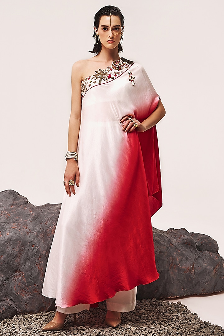 Ivory & Red Ombre Silk Dupion Nakshi Hand Embroidered Kaftan Set by Tisha Saksena at Pernia's Pop Up Shop