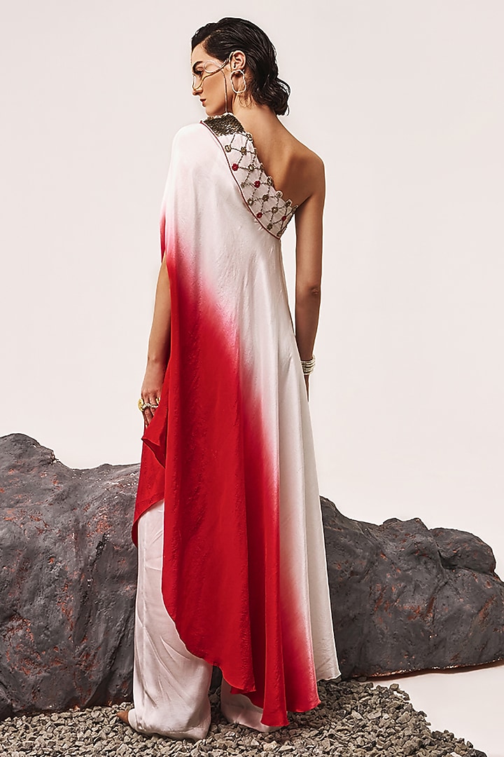 Ivory & Red Ombre Silk Dupion Nakshi Hand Embroidered Kaftan Set by Tisha Saksena at Pernia's Pop Up Shop