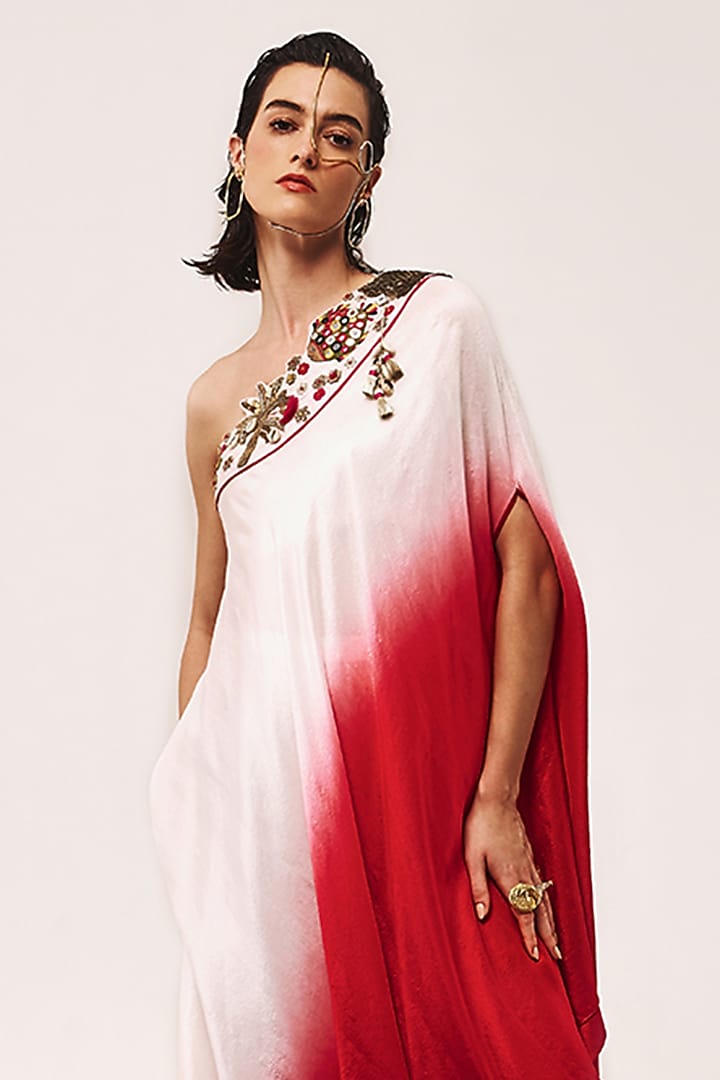 Ivory & Red Ombre Silk Dupion Nakshi Hand Embroidered Kaftan Set by Tisha Saksena at Pernia's Pop Up Shop