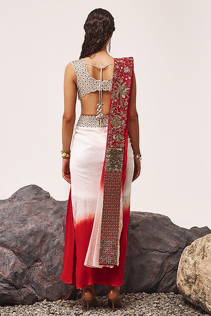Ivory & Red Ombre Handloom Organza Zardosi Embroidered Skirt Set by Tisha Saksena at Pernia's Pop Up Shop