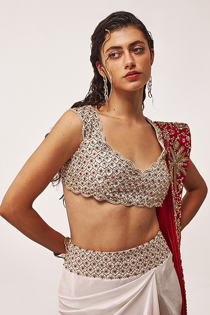 Ivory & Red Ombre Handloom Organza Zardosi Embroidered Skirt Set by Tisha Saksena at Pernia's Pop Up Shop