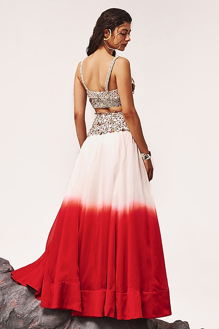 Ivory & Red Ombre Silk Organza Zardosi Hand Embroidered Bridal Lehenga Set by Tisha Saksena at Pernia's Pop Up Shop