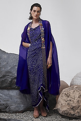 purple bandhani dress Purple Bandhani Print Sleeveless Gown with Kutchi Patchwork