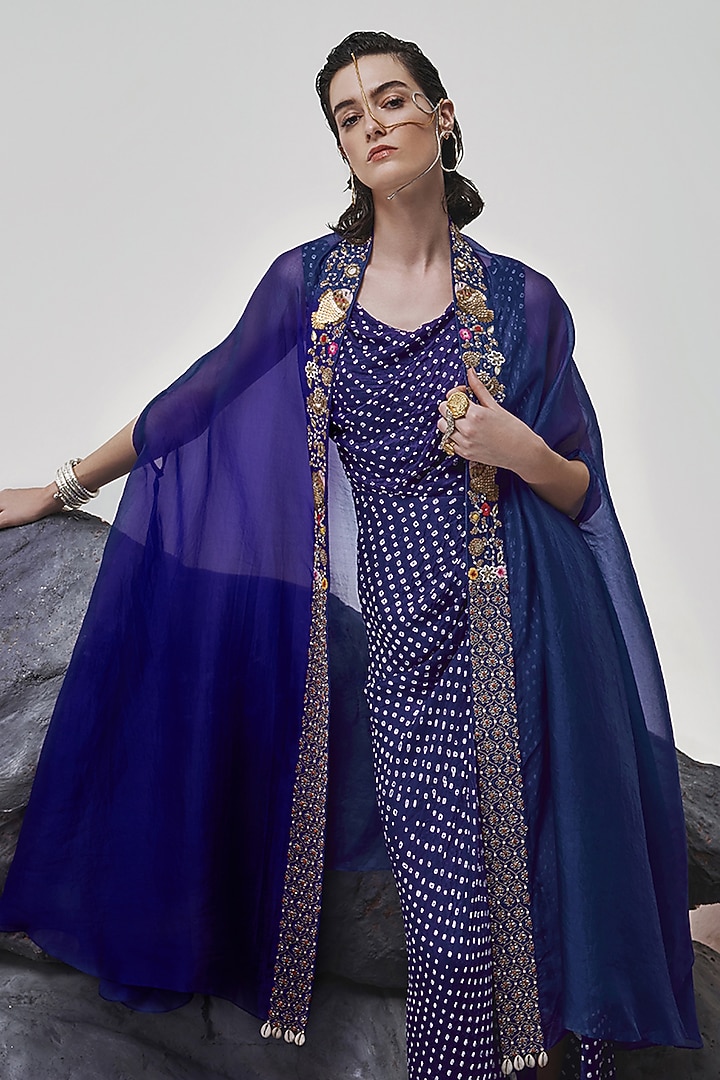 Aubergine Handloom Mashru Silk Bandhani Jacket Party Wear Dress by Tisha Saksena at Pernia's Pop Up Shop