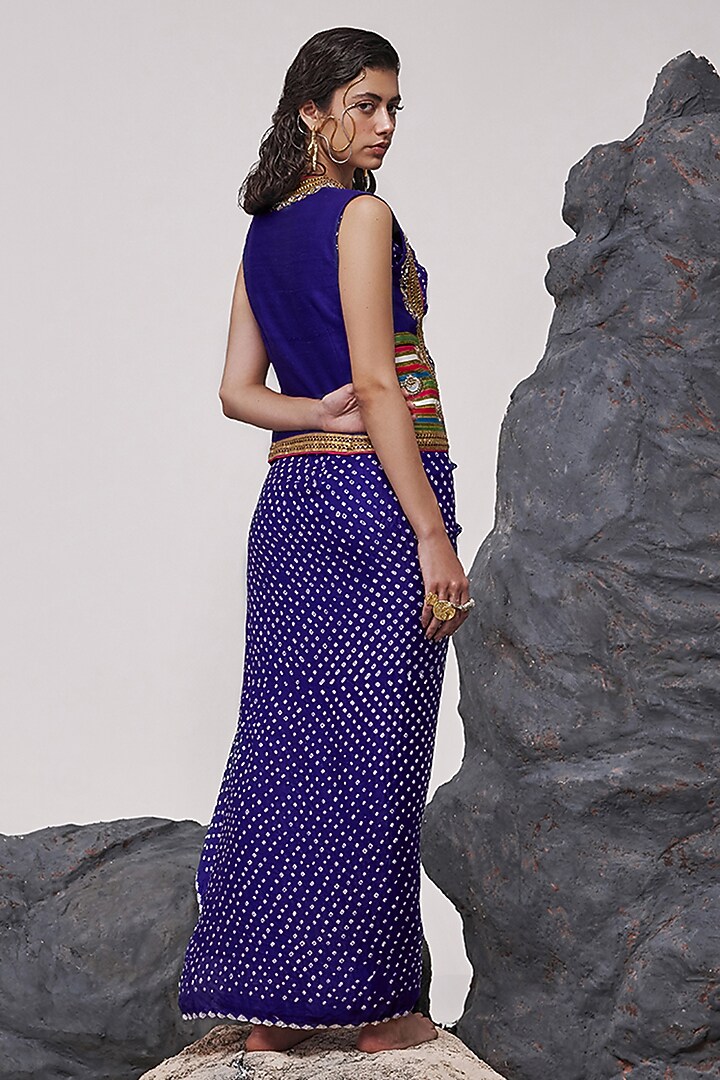 Aubergine Handloom Mashru Silk Bandhani Maxi Party Wear Dress With Gilet by Tisha Saksena at Pernia's Pop Up Shop