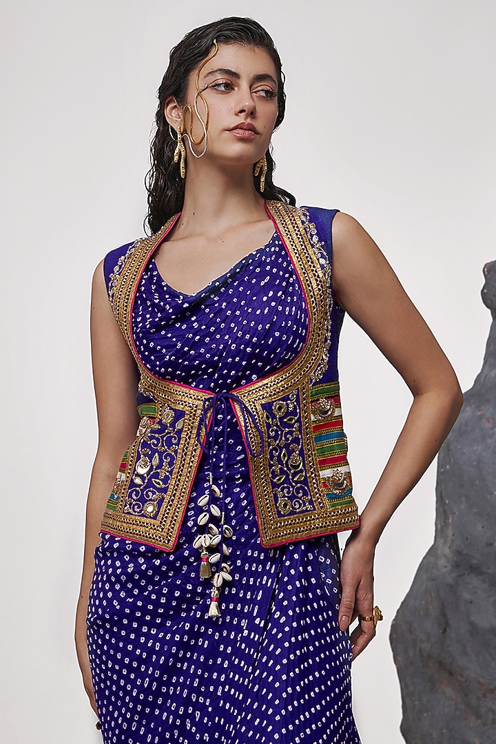 Aubergine Handloom Mashru Silk Bandhani Maxi Party Wear Dress With Gilet by Tisha Saksena at Pernia's Pop Up Shop
