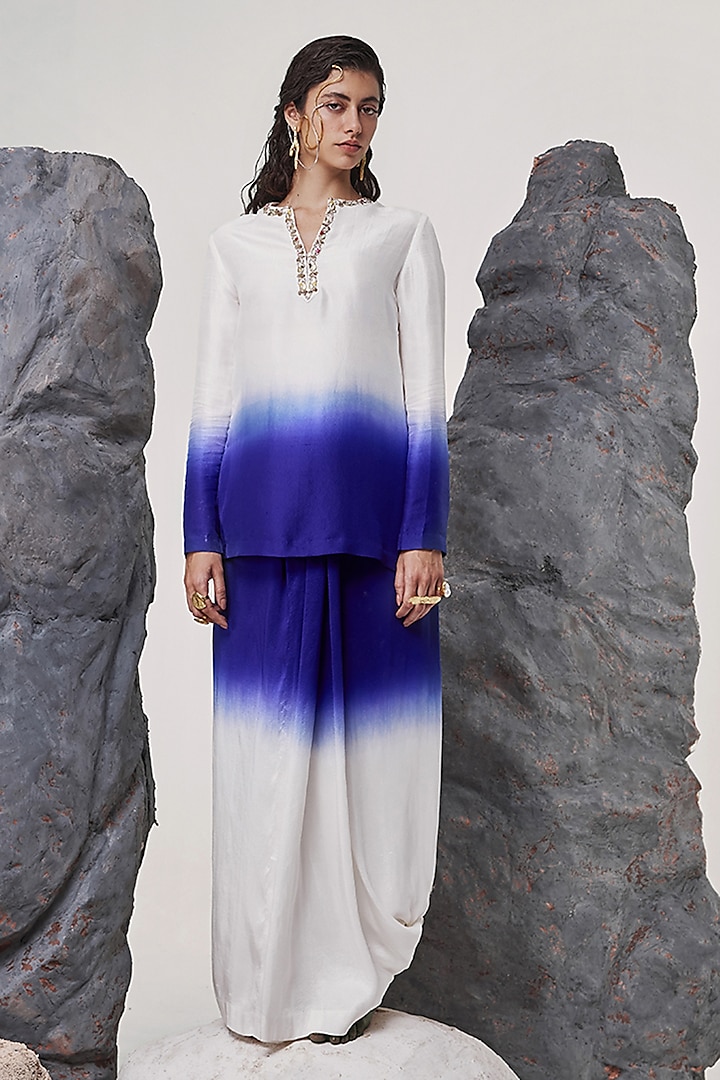 Ivory & Aubergine Ombre Dupion Silk Draped Skirt Set by Tisha Saksena at Pernia's Pop Up Shop