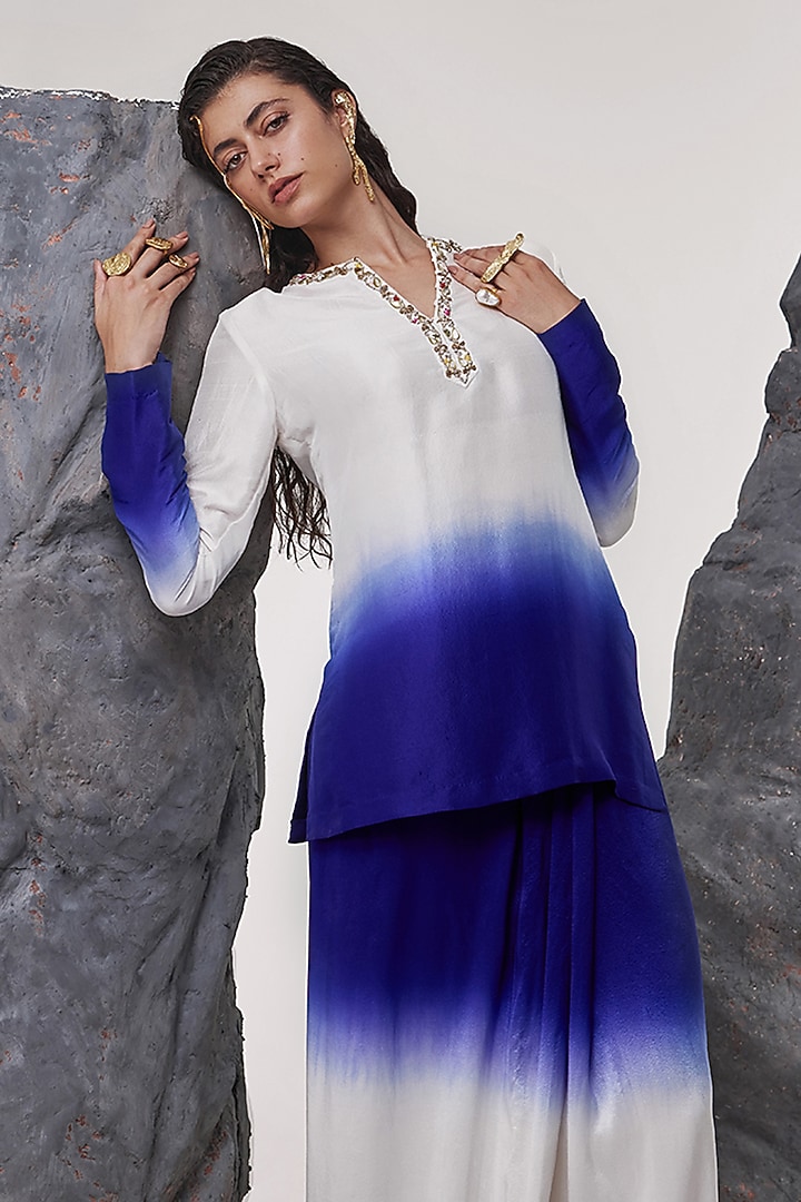 Ivory & Aubergine Ombre Dupion Silk Draped Skirt Set by Tisha Saksena at Pernia's Pop Up Shop