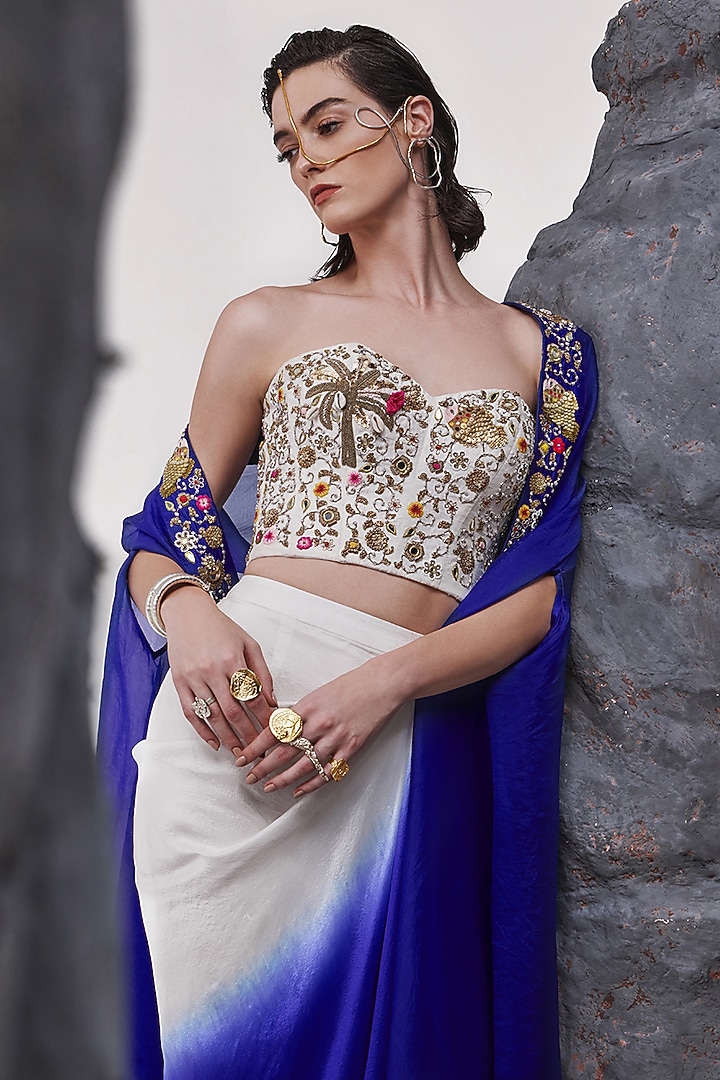 Ivory & Aubergine Ombre Dupion Silk Draped Skirt Set by Tisha Saksena at Pernia's Pop Up Shop