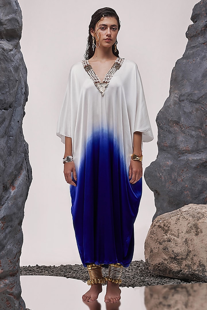 Ivory & Aubergine Ombre Stretch Satin Silk Zardosi Embroidered Kaftan by Tisha Saksena at Pernia's Pop Up Shop