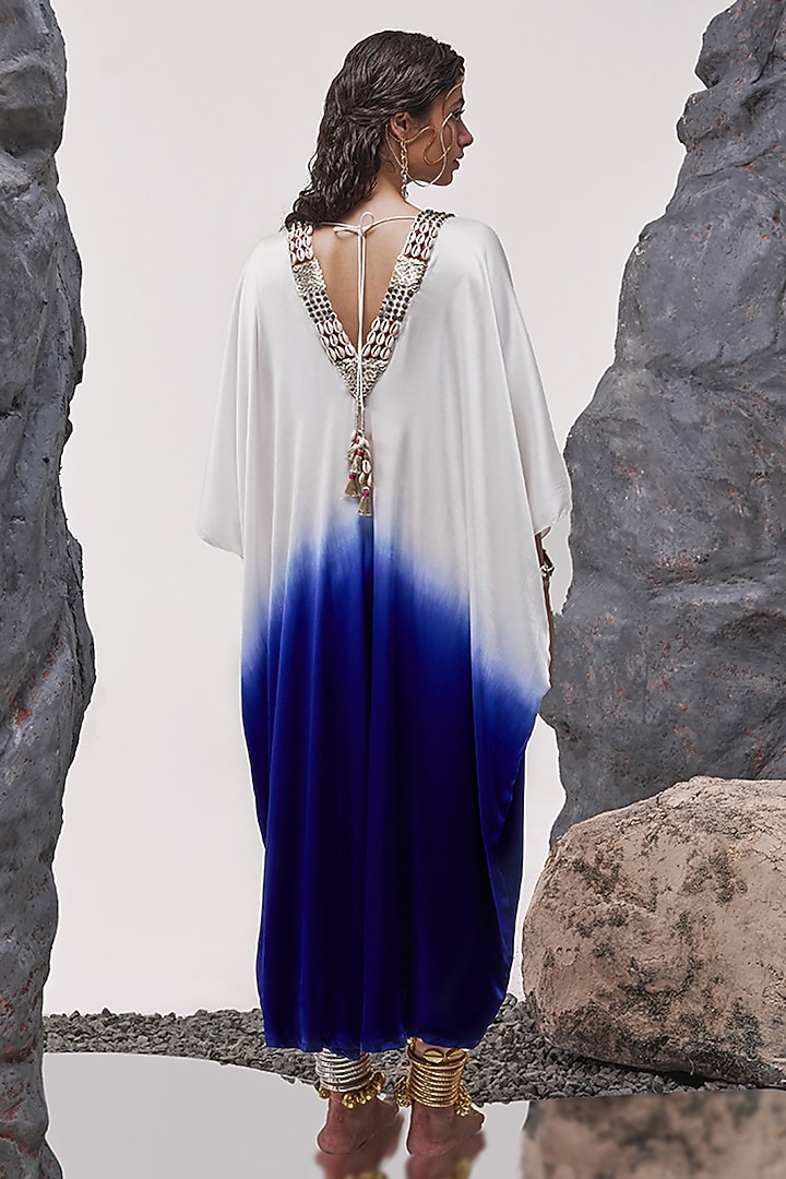 Ivory & Aubergine Ombre Stretch Satin Silk Zardosi Embroidered Kaftan by Tisha Saksena at Pernia's Pop Up Shop