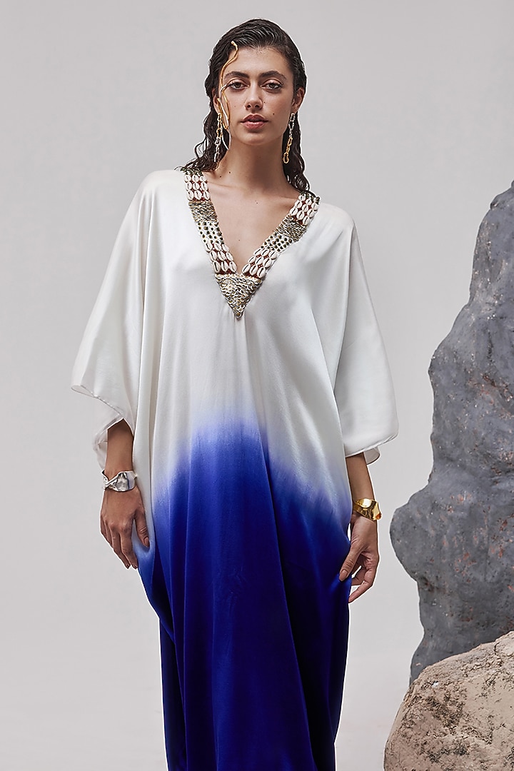 Ivory & Aubergine Ombre Stretch Satin Silk Zardosi Embroidered Kaftan by Tisha Saksena at Pernia's Pop Up Shop