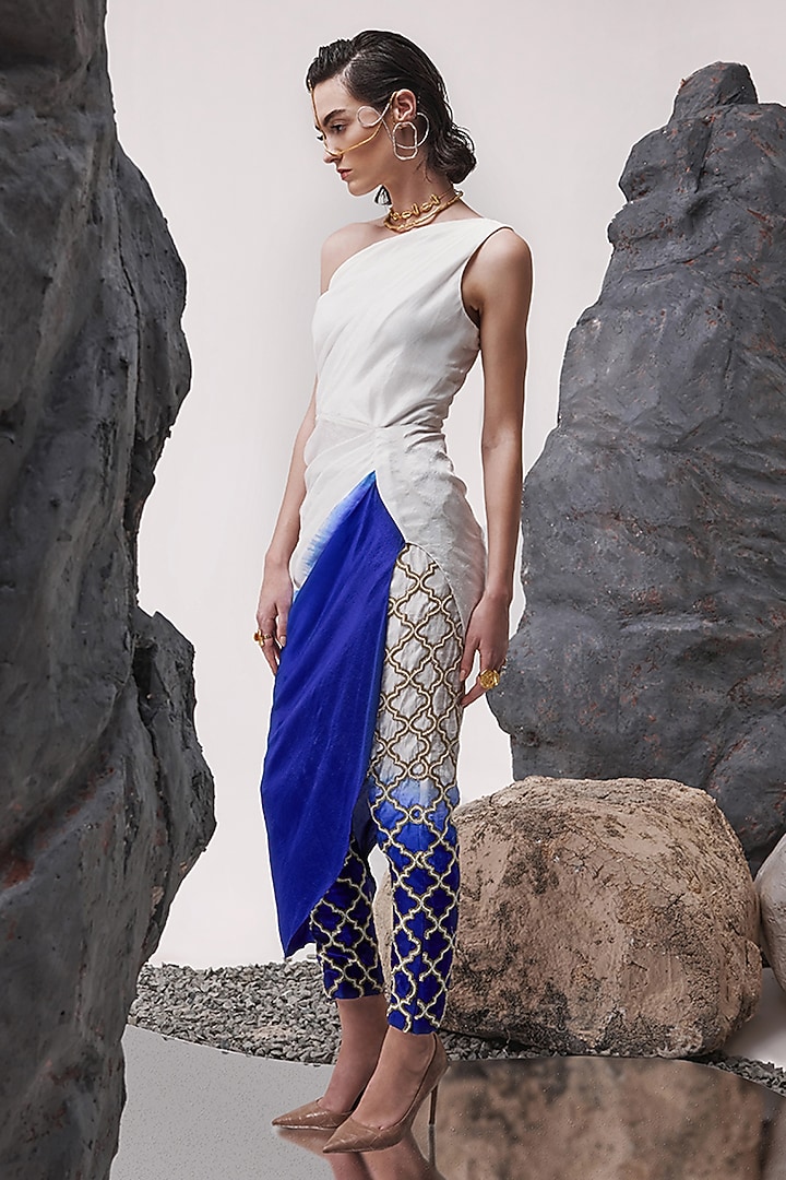Ivory & Aubergine Ombre Raw Silk Zardosi Hand Embroidered Pant Set by Tisha Saksena at Pernia's Pop Up Shop