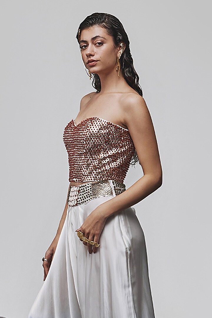 Ivory & Aubergine Ombre Stretch Satin Silk Draped Pant Set by Tisha Saksena at Pernia's Pop Up Shop