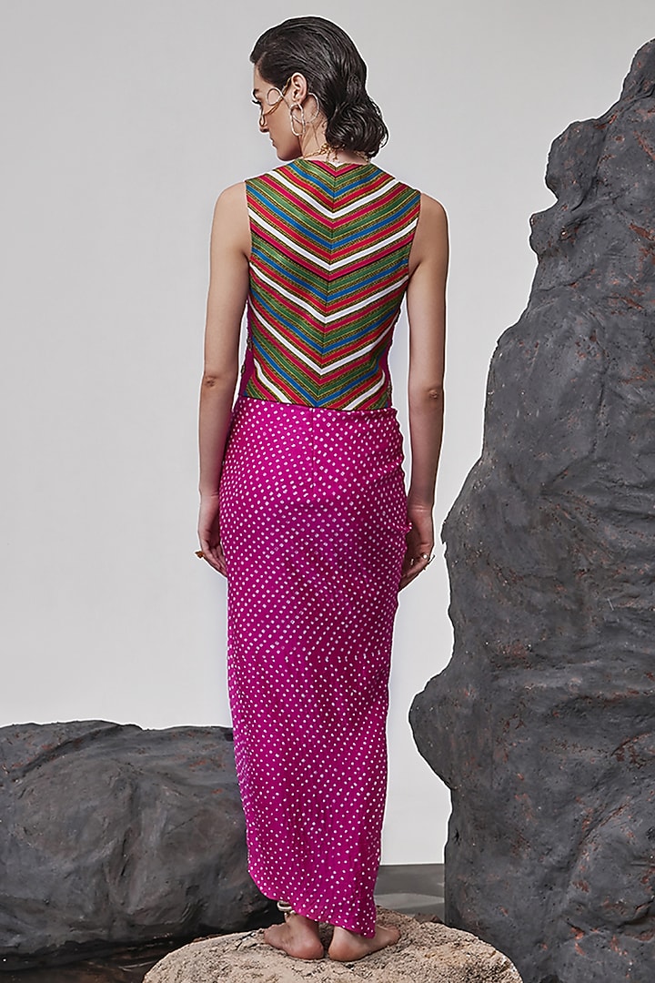 Pink Handloom Bandhani Silk Draped Skirt Set by Tisha Saksena at Pernia's Pop Up Shop