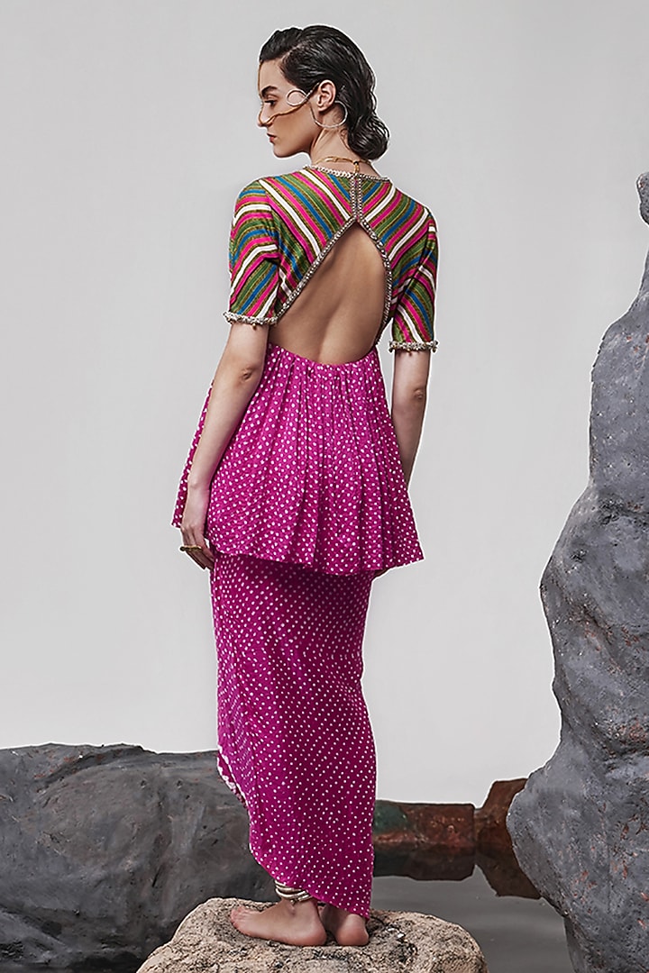 Pink Handloom Mashru Silk Bandhani Draped Skirt Set by Tisha Saksena at Pernia's Pop Up Shop