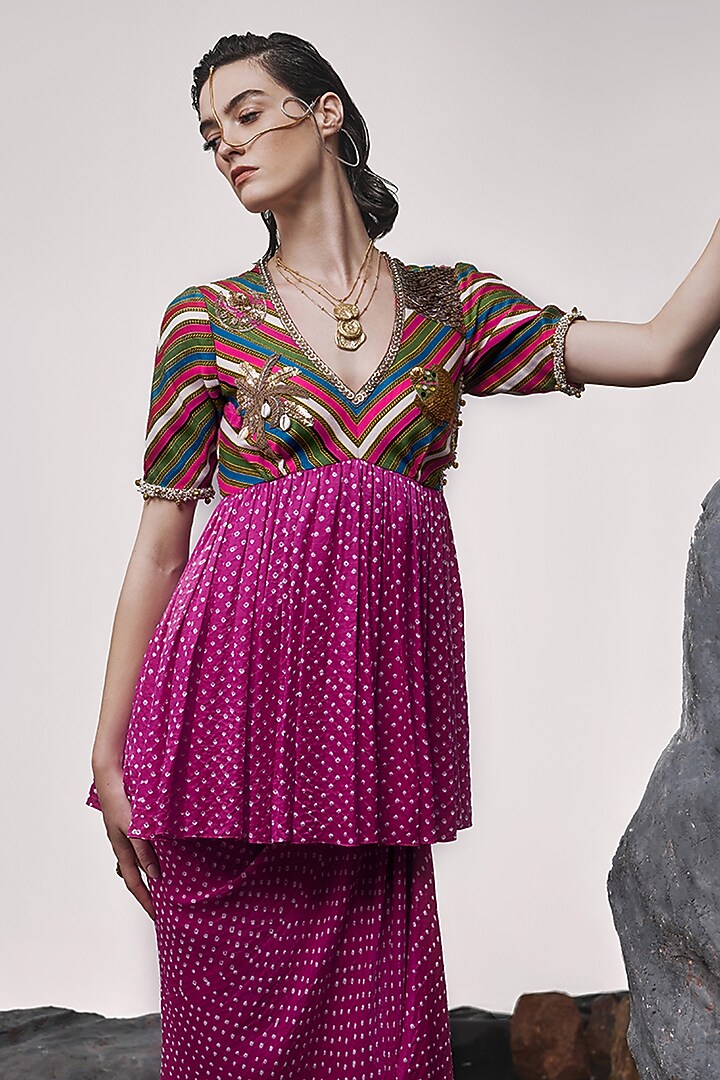Pink Handloom Mashru Silk Bandhani Draped Skirt Set by Tisha Saksena at Pernia's Pop Up Shop