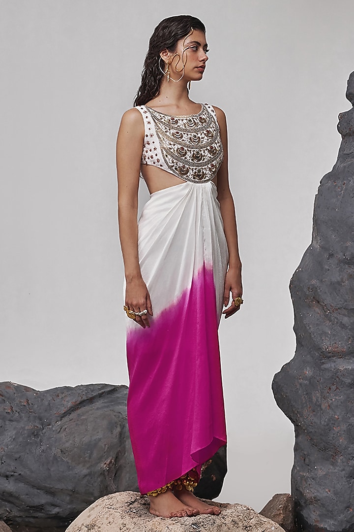 Pink & Ivory Ombre Dupion Silk Hand Embroidered Draped Maxi Dress by Tisha Saksena at Pernia's Pop Up Shop