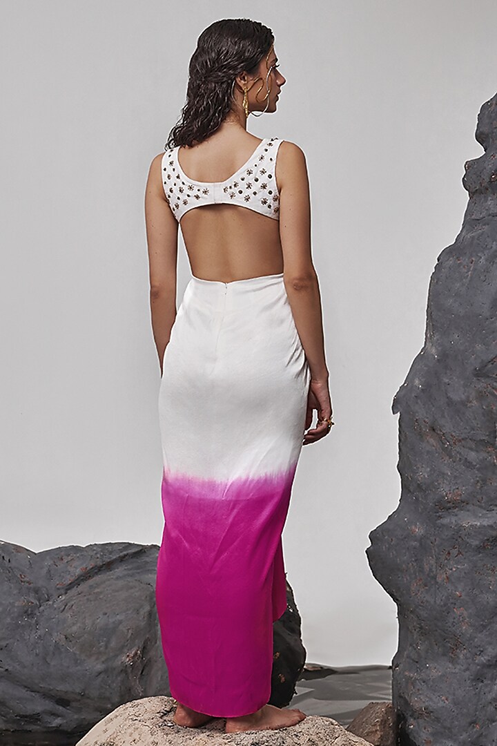 Pink & Ivory Ombre Dupion Silk Hand Embroidered Draped Maxi Cocktail Dress by Tisha Saksena at Pernia's Pop Up Shop