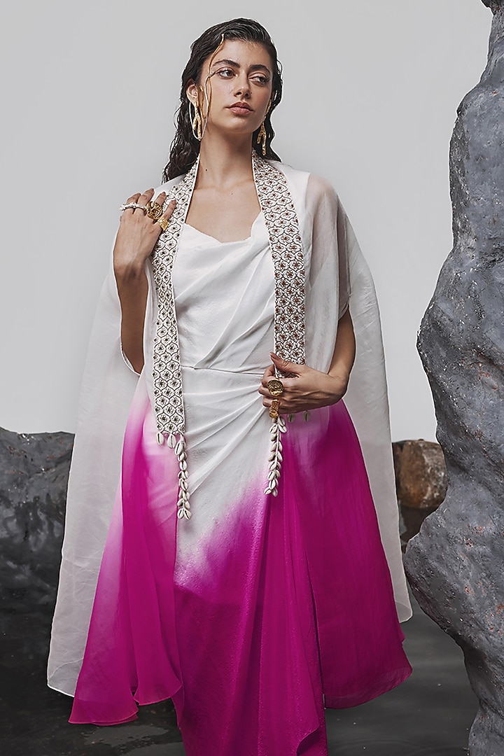 Pink & Ivory Ombre Dupion Silk Draped Maxi Cocktail Dress With Cape by Tisha Saksena at Pernia's Pop Up Shop