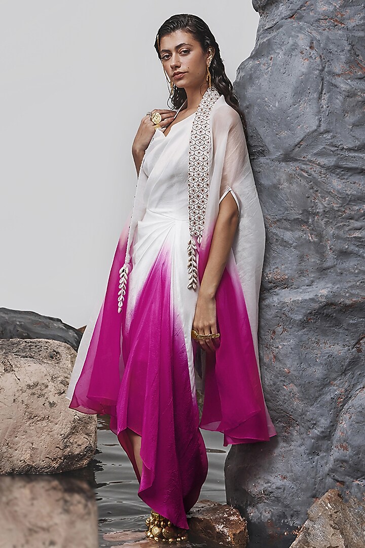 Pink & Ivory Ombre Dupion Silk Draped Maxi Cocktail Dress With Cape by Tisha Saksena at Pernia's Pop Up Shop