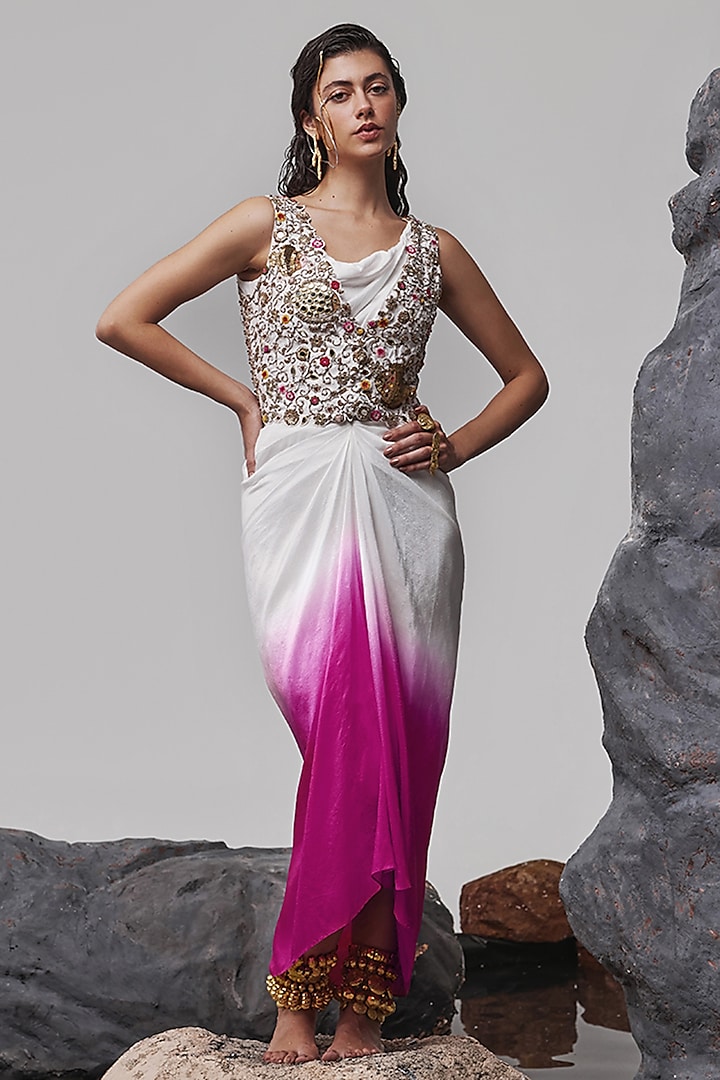 Pink & Ivory Ombre Dupion Silk Draped Maxi Dress With Gilet by Tisha Saksena at Pernia's Pop Up Shop