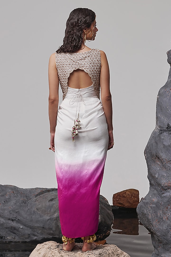 Pink & Ivory Ombre Dupion Silk Draped Maxi Party Wear Dress With Gilet by Tisha Saksena at Pernia's Pop Up Shop