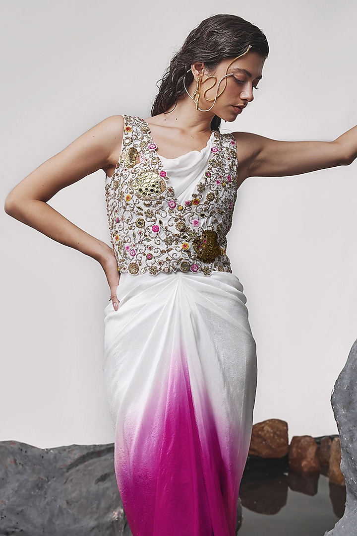 Pink & Ivory Ombre Dupion Silk Draped Maxi Party Wear Dress With Gilet by Tisha Saksena at Pernia's Pop Up Shop