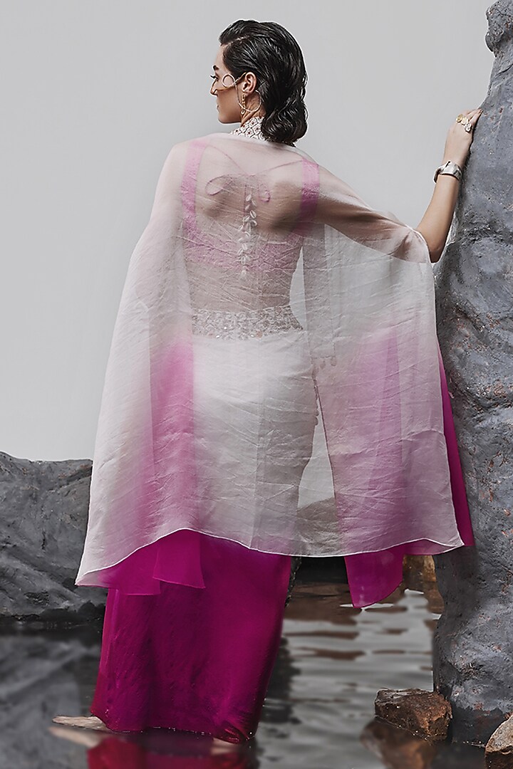 Pink & Ivory Ombre Dupion Silk Draped Skirt Set by Tisha Saksena at Pernia's Pop Up Shop