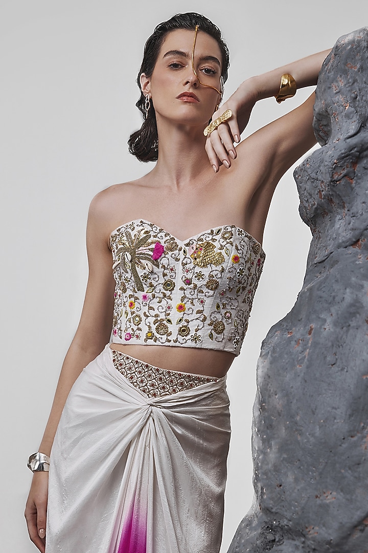Pink & Ivory Ombre Silk Dupion Draped Skirt Set by Tisha Saksena at Pernia's Pop Up Shop